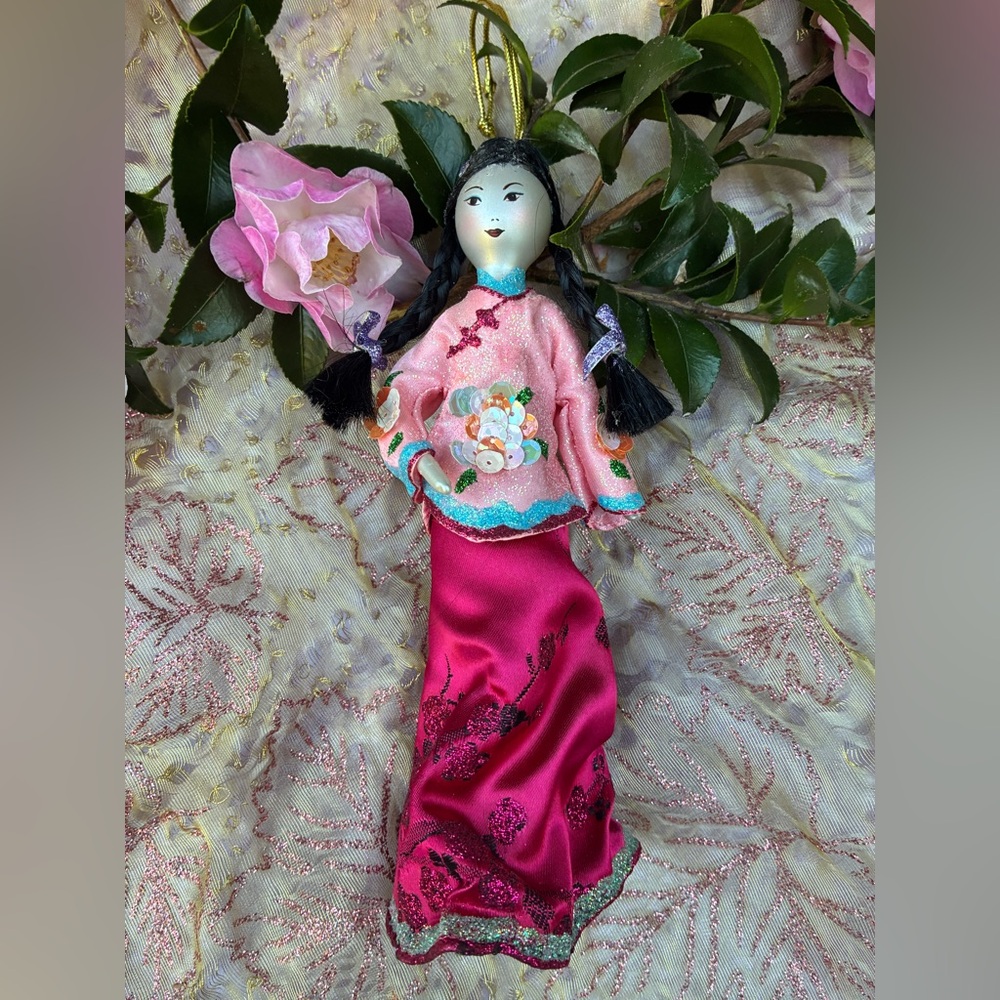 Silk Doll Ornament – Plum Kimono Dress 🌸